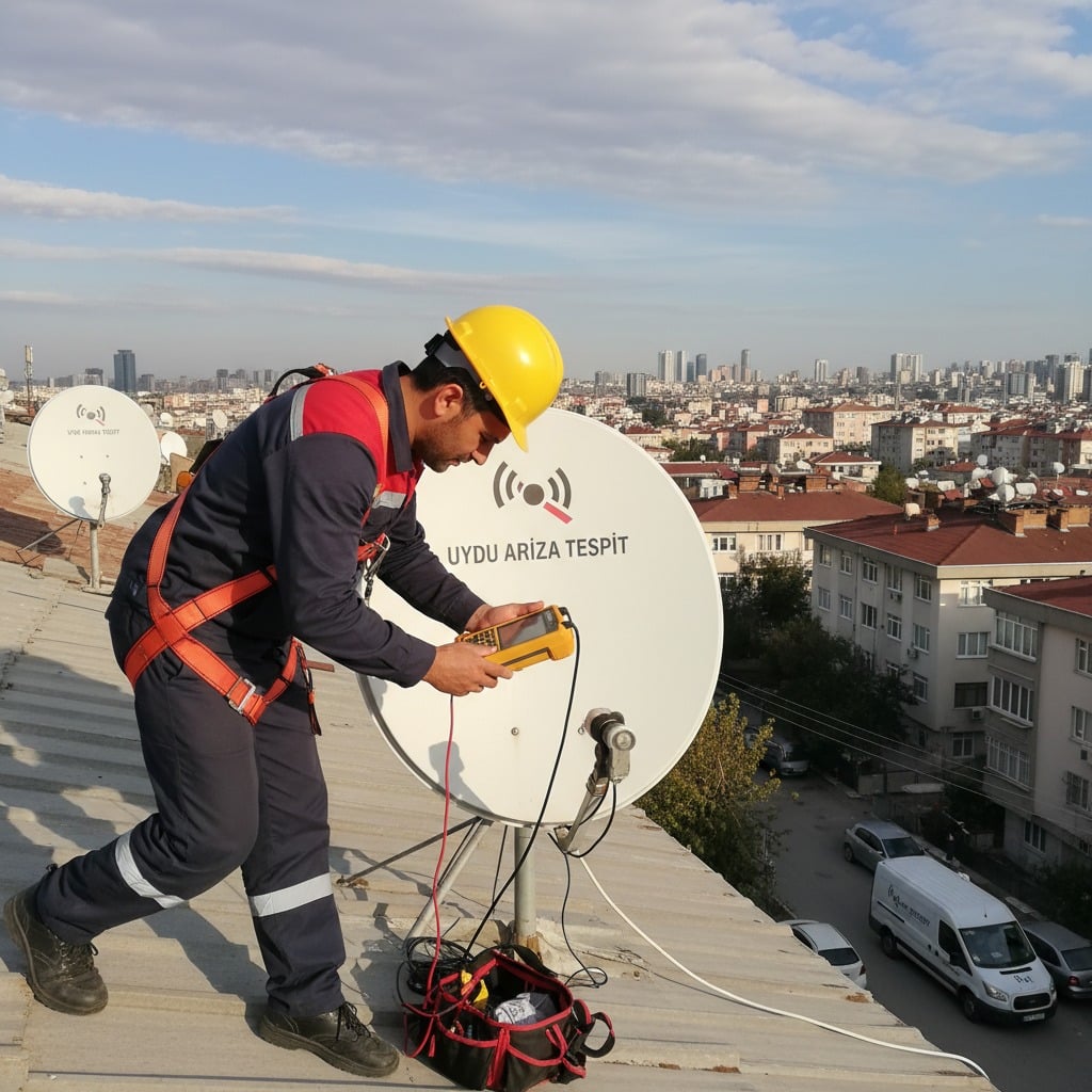Sarı baretli ve emniyet kemerli bir teknisyen, bir binanın çatısında uydu anteni ayarı yapıyor.